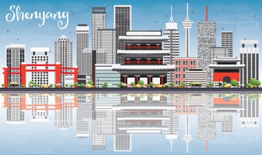 Gri Binalar, Mavi Gökyüzü ve Yansımaları ile Shenyang Skyline.