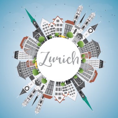 Zürih siluetinin gri binalar, mavi gökyüzü ve kopya alanı.