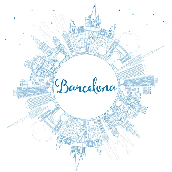 Σκιαγράφηση του ορίζοντα της Βαρκελώνης με μπλε κτήρια και αντίγραφο χώρου. — Διανυσματικό Αρχείο