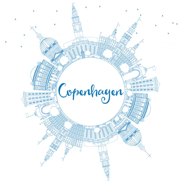 Esquema de Copenhague Skyline con puntos de referencia azules y espacio de copia . — Vector de stock