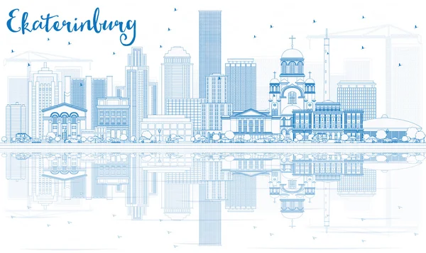 Esquema de Ekaterinburg Skyline con edificios azules y reflexiones — Vector de stock