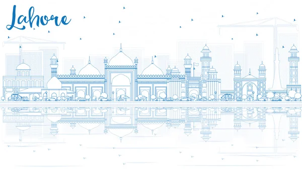 Esquema de Lahore Skyline con hitos azules y reflexiones . — Vector de stock