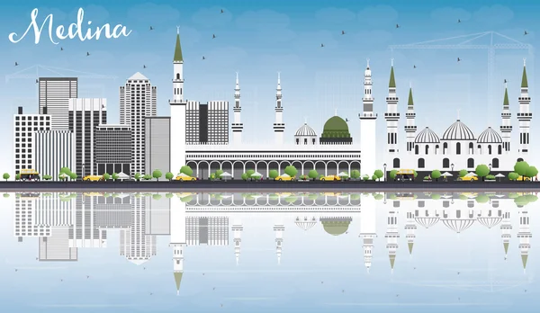 Medina skyline med grå byggnader, blå himmel och reflektioner. — Stock vektor