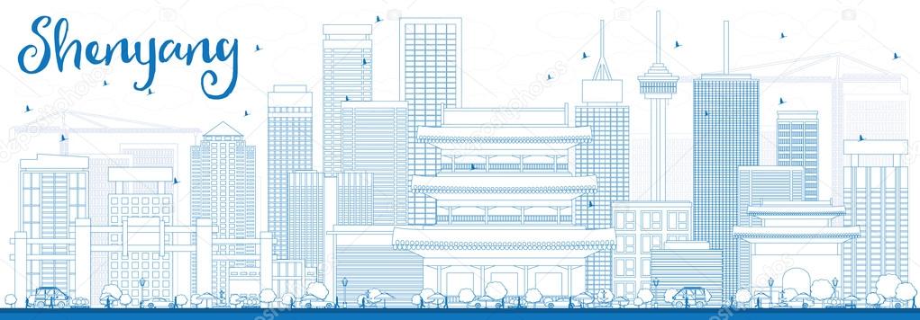 Outline Shenyang Skyline with Blue Buildings.