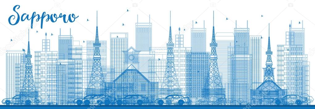 Outline Sapporo Skyline with Blue Buildings.