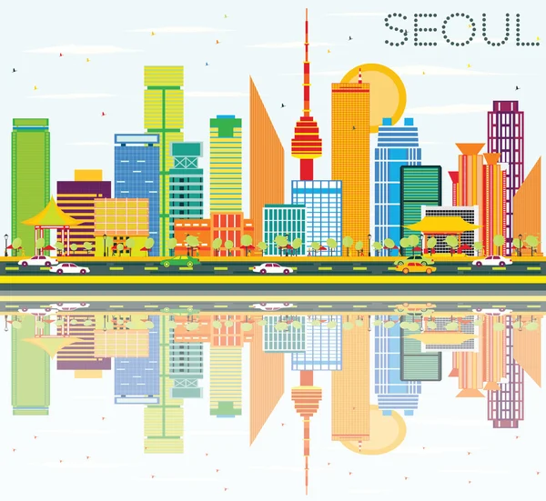Seoul Skyline mit farbigen Gebäuden, blauem Himmel und Spiegelungen. — Stockvektor