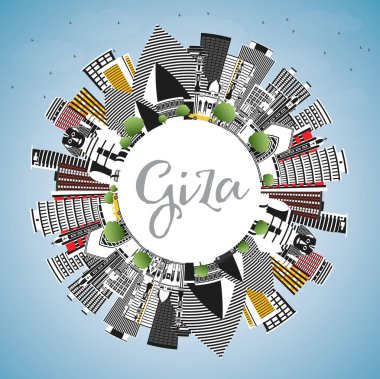 Gri Binaları, Mavi Gökyüzü ve Uzayı Kopyalayan Giza Mısır Şehri Skyline 'ı. Vektör İllüstrasyonu. Tarihi Mimariyle İş Seyahati ve Turizm Konsepti. Ünlü Simgeli Giza Şehir Manzarası.