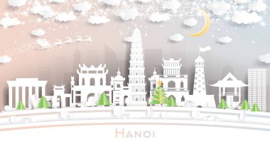 Hanoi Vietnam Şehri, Kar Taneleri, Ay ve Neon Garland ile Kağıt Kesiği Tarzı ile Gökyüzü. Vektör İllüstrasyonu. Noel ve Yeni Yıl Kavramı. Noel Baba Kızakta.