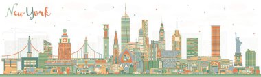 Color Buildings ile New York USA City Skyline. Vektör İllüstrasyonu. Şehir simgeleriyle dolu New York şehri. Modern Mimariyle İş Seyahati ve Turizm Konsepti.