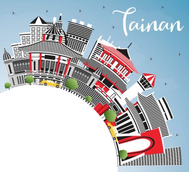 Tainan Tayvan Şehri Skyline ile Gray Buildings, Blue Sky ve Copy Space. Vektör İllüstrasyonu. Tarihi Mimariyle İş Seyahati ve Turizm Konsepti. Tarihi Simgeli Tainan Şehri.
