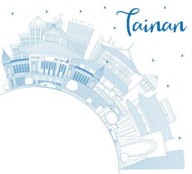 Tainan City Skyline 'ın ana hatlarıyla Blue Buildings ve Copy Space. Vektör İllüstrasyonu. Tarihi Mimariyle İş Seyahati ve Turizm Konsepti. Tarihi Simgeli Tainan Şehri.