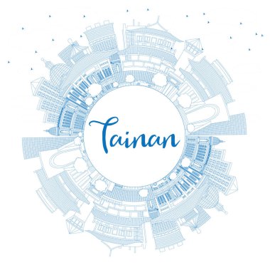 Tainan City Skyline 'ın ana hatlarıyla Blue Buildings ve Copy Space. Vektör İllüstrasyonu. Tarihi Mimariyle İş Seyahati ve Turizm Konsepti. Tarihi Simgeli Tainan Şehri.