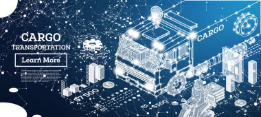 Neon Kargo Kamyonu Taşımacılığı. Isometric Ticari Nakliye. Vektör İllüstrasyonu. Lojistik Sistemin Infographic Element. Mal Taşıma Arabası. Pizzalı scooter. Teslimat Konsepti.