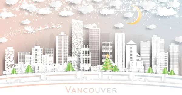 Vancouver Canada City Panorama Paper Cut Style Vločkami Měsíc Neon — Stockový vektor