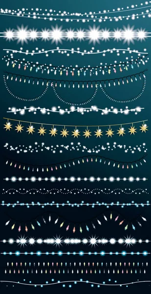 Christmas String Lights Set Vector Illustration New Year Neon Garland — Stock Vector