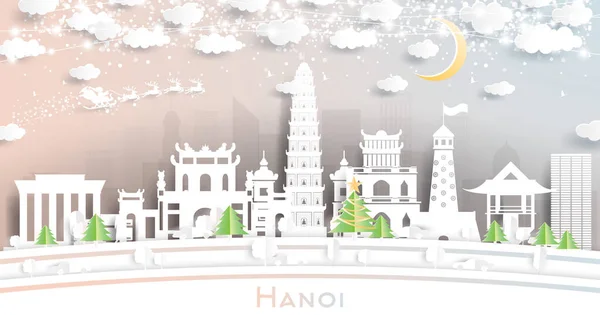 Hanoi Vietnam City Skyline Paper Cut Style Med Snöflingor Moon — Stock vektor