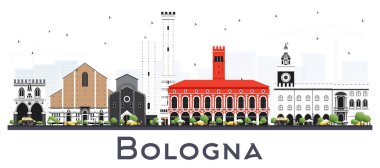Bologna Italya City Skyline 'da Renkli Binalar Beyazlar' da izole edilmiş. Vektör İllüstrasyonu. Landmark 'lı Bologna Şehri. Tarihi Mimariyle İş Seyahati ve Turizm Konsepti.