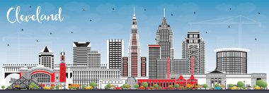Cleveland Ohio City Skyline ile Color Buildings ve Blue Sky. Vektör İllüstrasyonu. Cleveland USA Cityscape ve tarihi yerler. Modern Mimariyle İş Seyahati ve Turizm Konsepti.