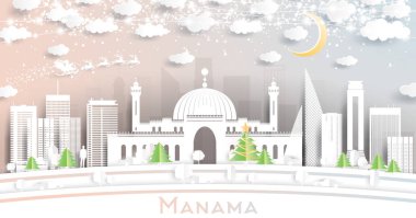 Manama Bahreyn Şehri, Kar Taneleri, Ay ve Neon Garland ile Kağıt Kesiği Tarzı ile Gökyüzü. Vektör İllüstrasyonu. Noel ve Yeni Yıl Kavramı. Noel Baba Kızakta.
