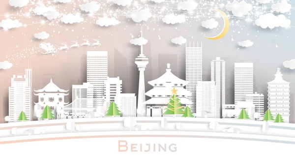 Beijing China City Skyline Paper Cut Style Med Snöflingor Moon — Stock vektor