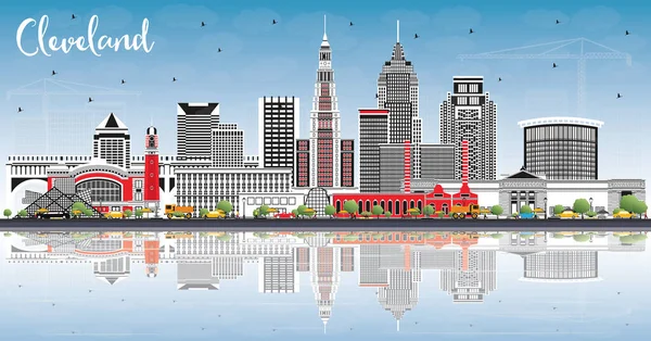 Cleveland Ohio City Skyline Con Edifici Colori Cielo Blu Riflessioni — Vettoriale Stock