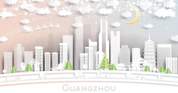 Guangzhou China City Skyline Paper Cut Stil Mit Schneeflocken Mond — Stockvektor