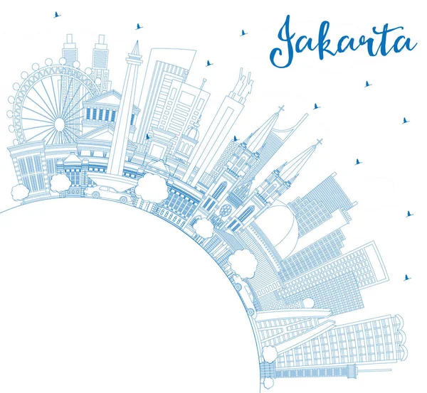 Outline Jakarta Indonesia City Skyline Con Edifici Blu Spazio Copia — Vettoriale Stock