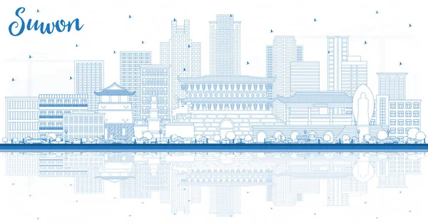 概要青い建物と反射のある水原市スカイライン ベクトルイラスト 歴史的 近代的な建築とビジネス旅行や観光の概念 ランドマークと水原市の風景 — ストックベクタ