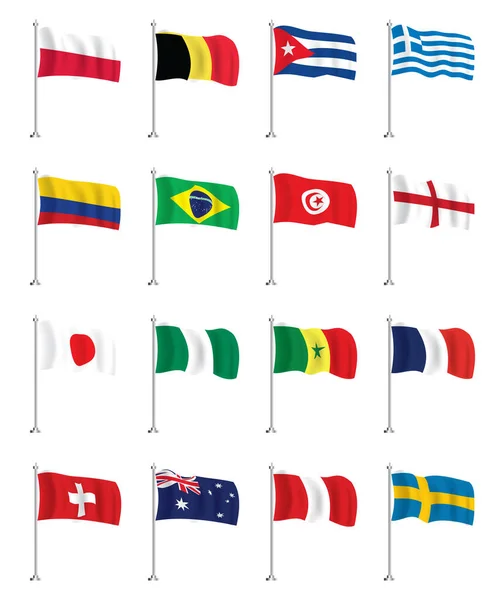 旗杆图标设置 哥伦比亚 比利时 突尼斯 英格兰 尼日利亚 塞内加尔 澳大利亚 秘鲁和瑞典 孤立的波浪旗 — 图库矢量图片