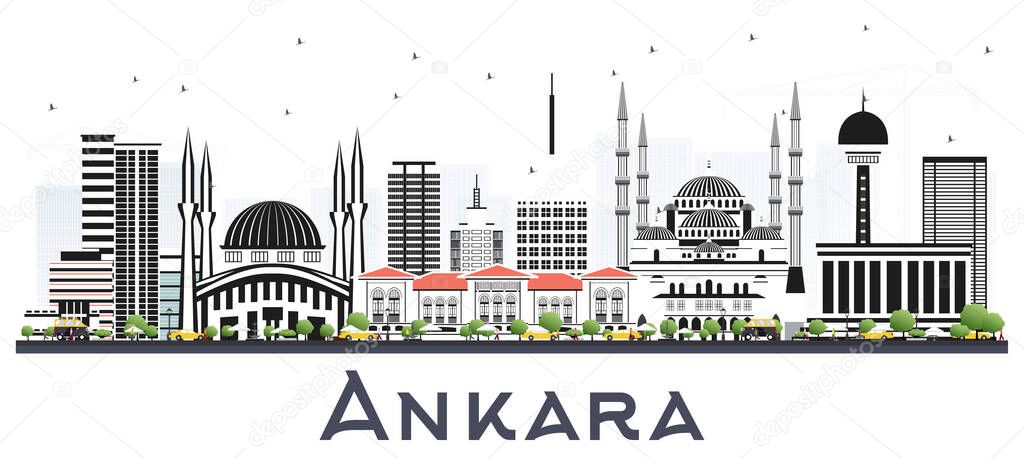 Ankara Turkey City Skyline with Color Buildings Isolated on White. Vector Illustration. Ankara Cityscape with Landmarks. Business Travel and Tourism Concept with Historyc Architecture.