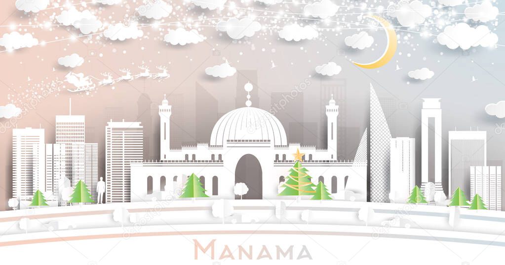 Manama Bahrain City Skyline in Paper Cut Style with Snowflakes, Moon and Neon Garland. Vector Illustration. Christmas and New Year Concept. Santa Claus on Sleigh.
