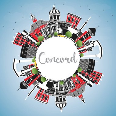 Gray Buildings, Blue Sky ve Copy Space ile Concord New Hampshire City Skyline. Vektör İllüstrasyonu. Tarihi ve Modern Mimariyle İş Seyahat ve Turizm Konsepti. Landmark ile Concord USA City