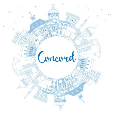 Concord New Hampshire City Skyline 'ı Blue Buildings ve Copy Space ile özetleyin. Vektör İllüstrasyonu. Tarihi ve Modern Mimariyle İş Seyahat ve Turizm Konsepti. Tarihi Simgelerle Uyum Kenti.