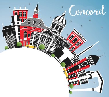 Gray Buildings, Blue Sky ve Copy Space ile Concord New Hampshire City Skyline. Vektör İllüstrasyonu. Tarihi ve Modern Mimariyle İş Seyahat ve Turizm Konsepti. Landmark ile Concord USA City