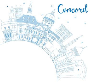 Concord New Hampshire City Skyline 'ı Blue Buildings ve Copy Space ile özetleyin. Vektör İllüstrasyonu. Tarihi ve Modern Mimariyle İş Seyahat ve Turizm Konsepti. Tarihi Simgelerle Uyum Kenti.