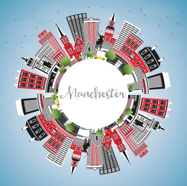 Manchester New Hampshire City Skyline ile Gray Buildings, Blue Sky ve Copy Space. Vektör İllüstrasyonu. Tarihi ve Modern Mimariyle İş Seyahat ve Turizm Konsepti. Manchester ABD Şehir Manzarası.