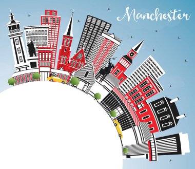 Manchester New Hampshire City Skyline ile Gray Buildings, Blue Sky ve Copy Space. Vektör İllüstrasyonu. Tarihi ve Modern Mimariyle İş Seyahat ve Turizm Konsepti. Manchester ABD Şehir Manzarası.
