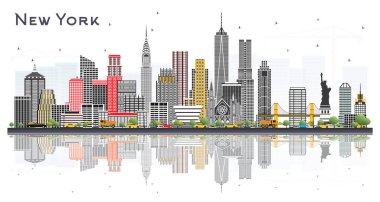 Gri gökdelenleri ve Beyaz 'a izole edilmiş yansımaları olan New York ABD City Skyline' ı. Vektör İllüstrasyonu. Modern Mimariyle İş Seyahatleri ve Turizm Konsepti. Tarihi Simgelerle New York Şehri.