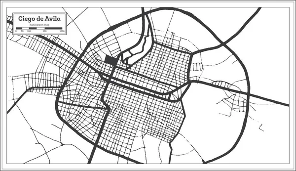 Ciego Avilaキューバ レトロなスタイルで黒と白の都市マップ 概要図 ベクターイラスト — ストックベクタ