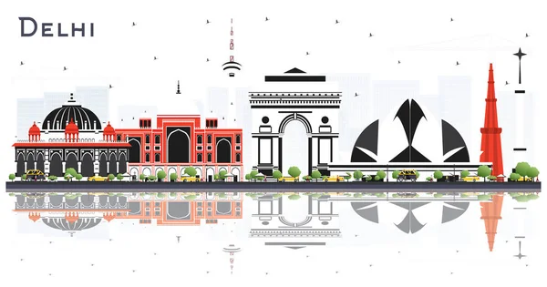 デリーインド白い背景に隔離された色の建物と反射を持つ都市スカイライン ベクトルイラスト 歴史的建造物と観光コンセプト ランドマークとデリーの街の風景 — ストックベクタ