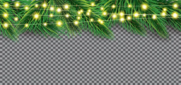 Christmas Border Fir Branch Neon Lights Transparent Background Ilustracja Wektora — Wektor stockowy