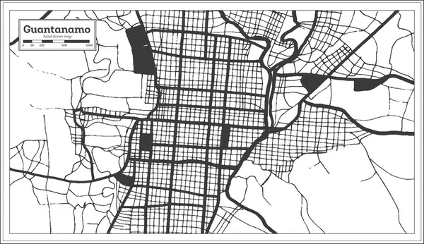 Guantanamo Küba Şehir Haritası Siyah Beyaz Renkli Retro Style Taslak — Stok Vektör