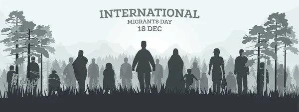 国際移住者の日18 12月 ベクトルイラスト 森の難民のシルエットを持つWebバナー — ストックベクタ