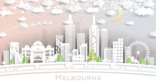 Melbourne Australia City Skyline Paper Cut Style Snowflakes Moon Neon — 스톡 벡터