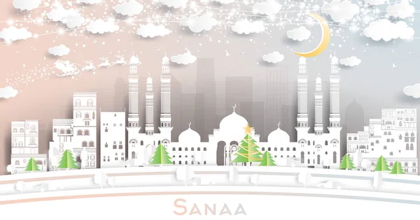 Sanaa Yemen City Skyline Paper Cut Style Med Snöflingor Moon — Stock vektor