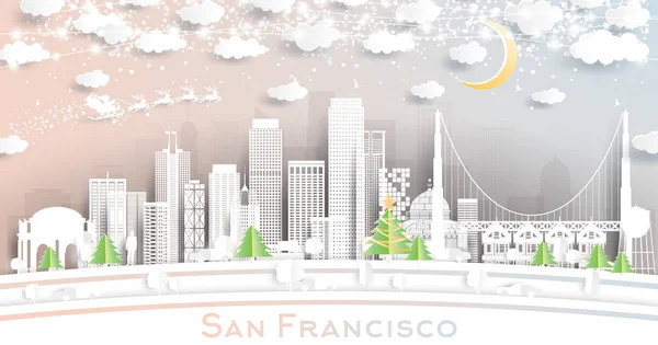 旧金山美国城市天际线剪纸风格与雪花 月亮和霓虹灯加兰 病媒说明 圣诞节和新年的概念 雪橇上的圣诞老人 — 图库矢量图片