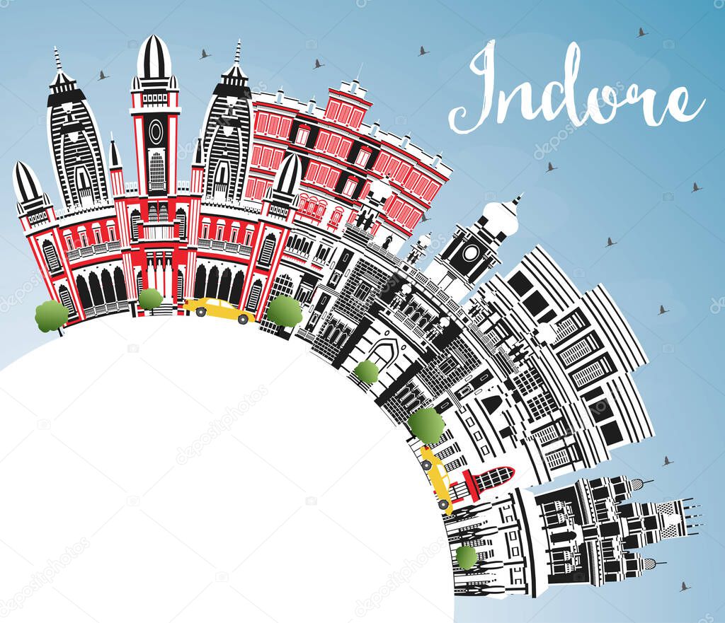 Indore India City Skyline with Gray Buildings, Blue Sky and Copy Space. Vector Illustration. Business Travel and Tourism Concept with Historic and Modern Architecture. Indore Cityscape with Landmarks.