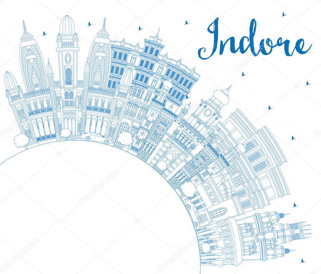 Outline Indore India City Skyline with Blue Buildings and Copy Space. Vector Illustration. Business Travel and Tourism Concept with Historic and Modern Architecture. Indore Madhya Pradesh Cityscape with Landmarks.