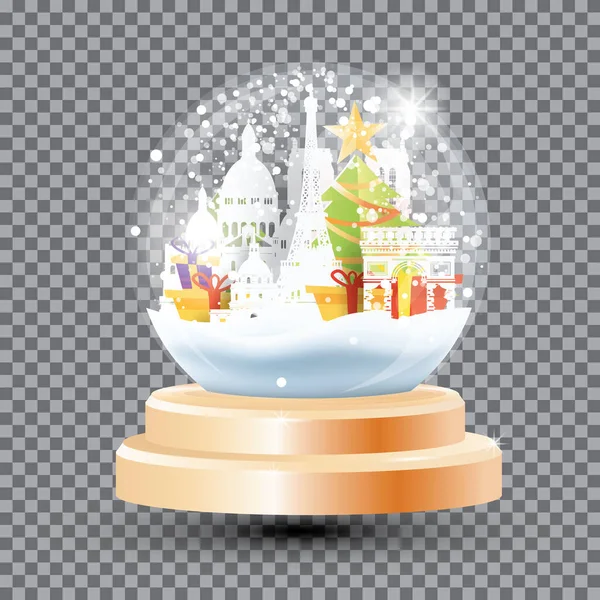 Magic Christmas Crystal Ball Met Parijse Oriëntatiepunten Geschenkdozen Fir Tree — Stockvector