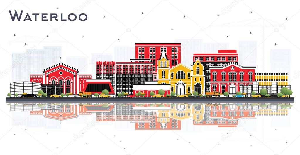 Waterloo Iowa Skyline with Color Buildings and Reflections Isolated on White. Vector Illustration. Business Travel and Tourism Illustration with Historic Architecture.